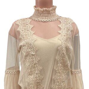 Lace Mesh Blouse with Puff Sleeves